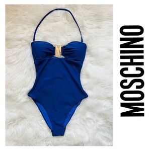 New! MOSCHINO Logo Swim Halter Cutout One-Piece Swimsuit in Royal Blue